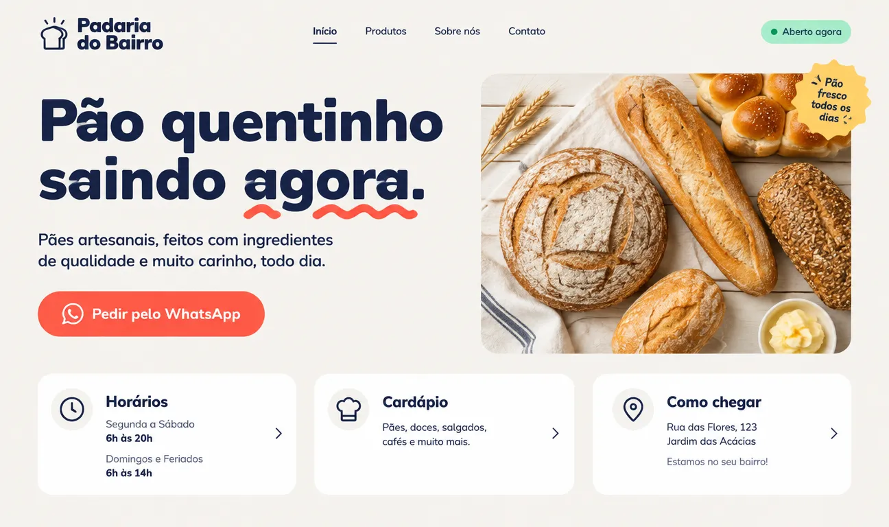 O mesmo site recriado: título grande, foto dos pães e botão Pedir pelo WhatsApp logo no topo.